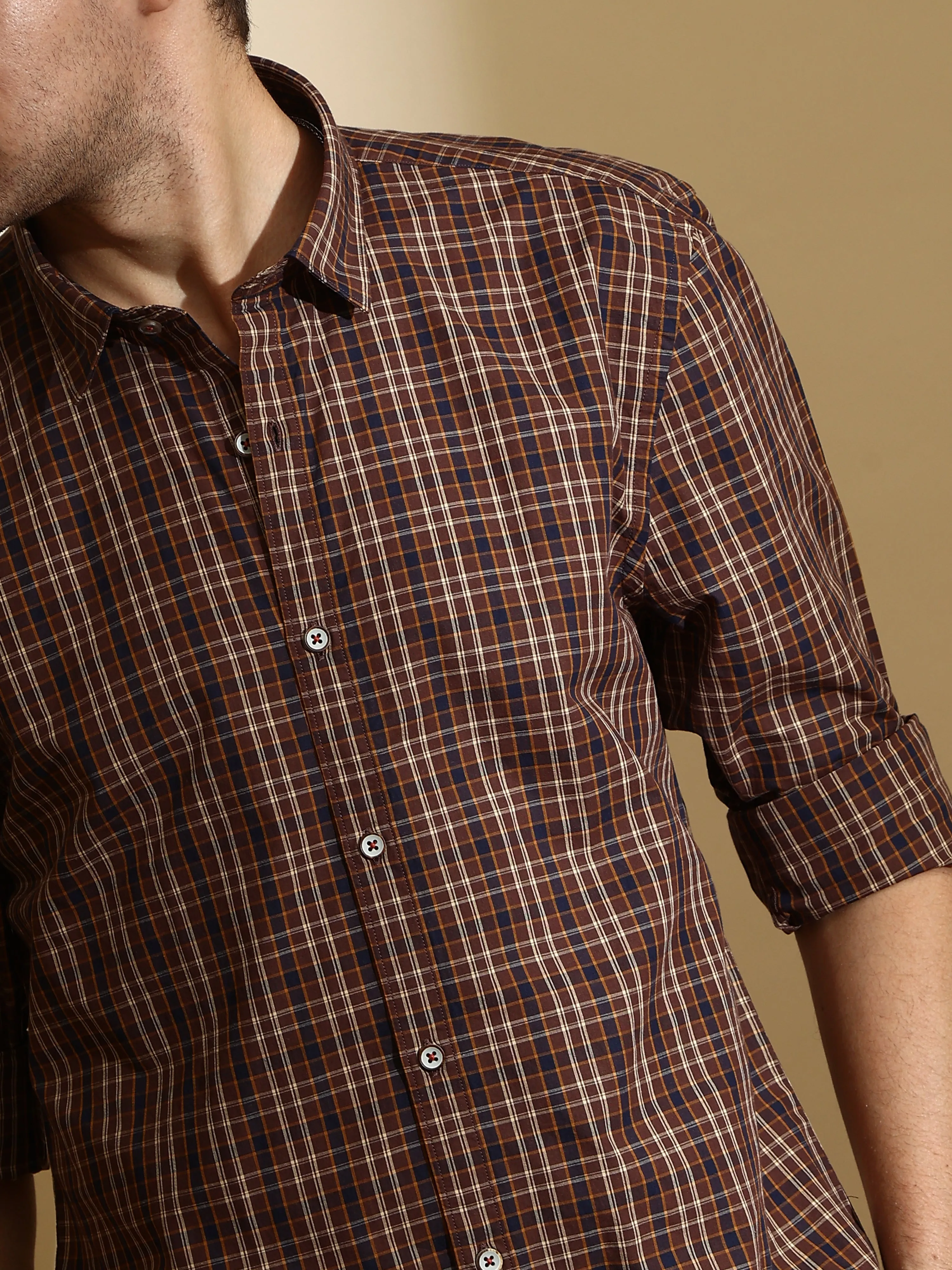 Navy Brown Check Semi Casual Shirt