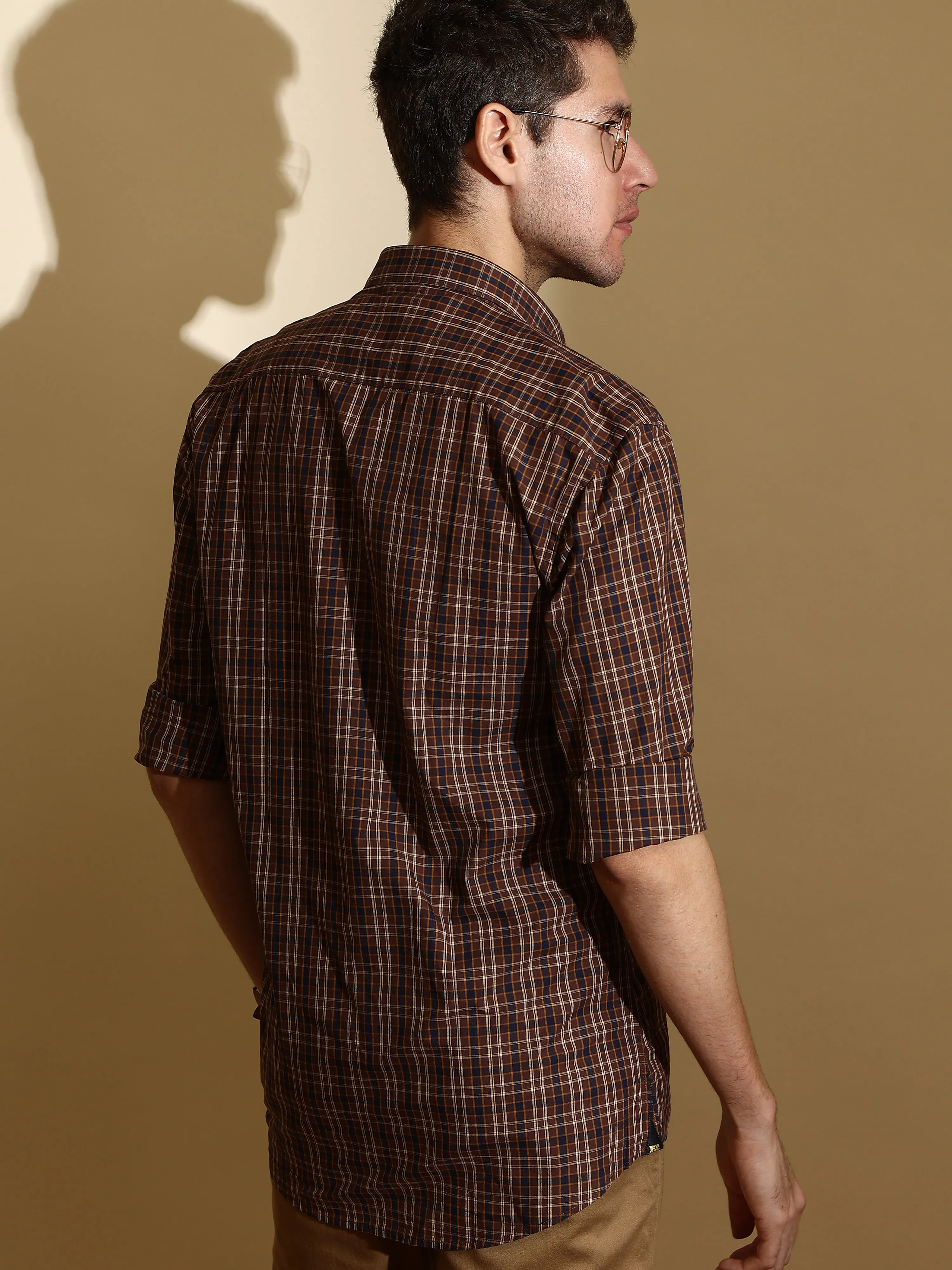 Navy Brown Check Semi Casual Shirt