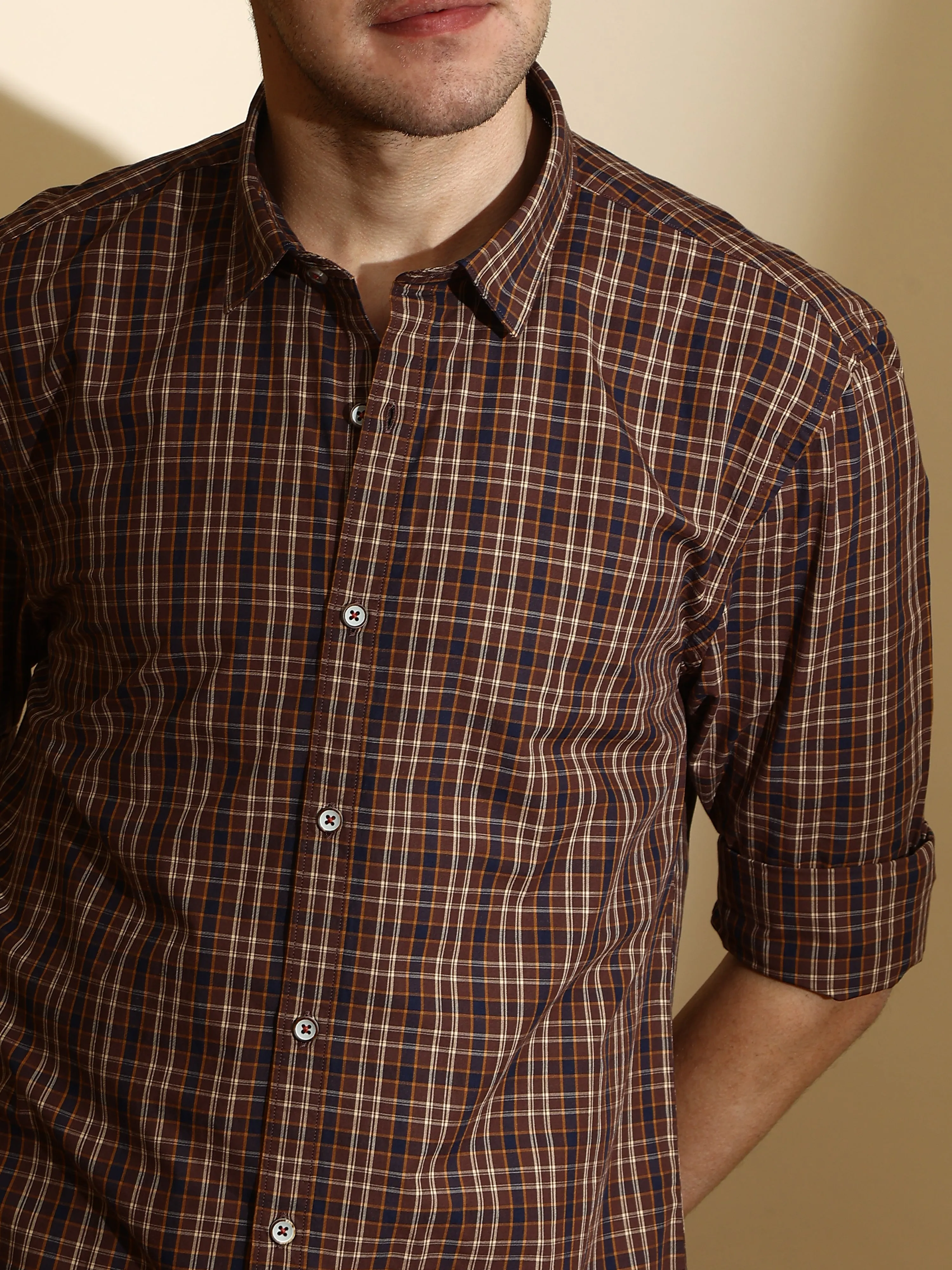 Navy Brown Check Semi Casual Shirt