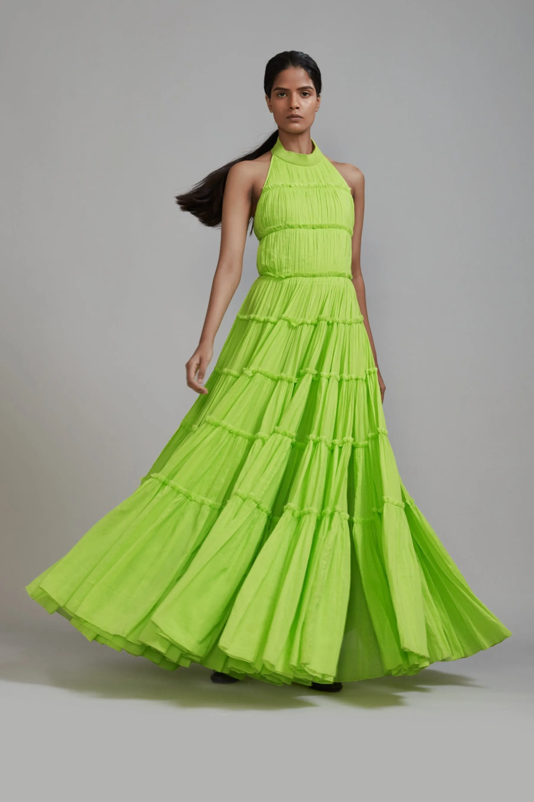 Neon Green Backless Tiered Gown