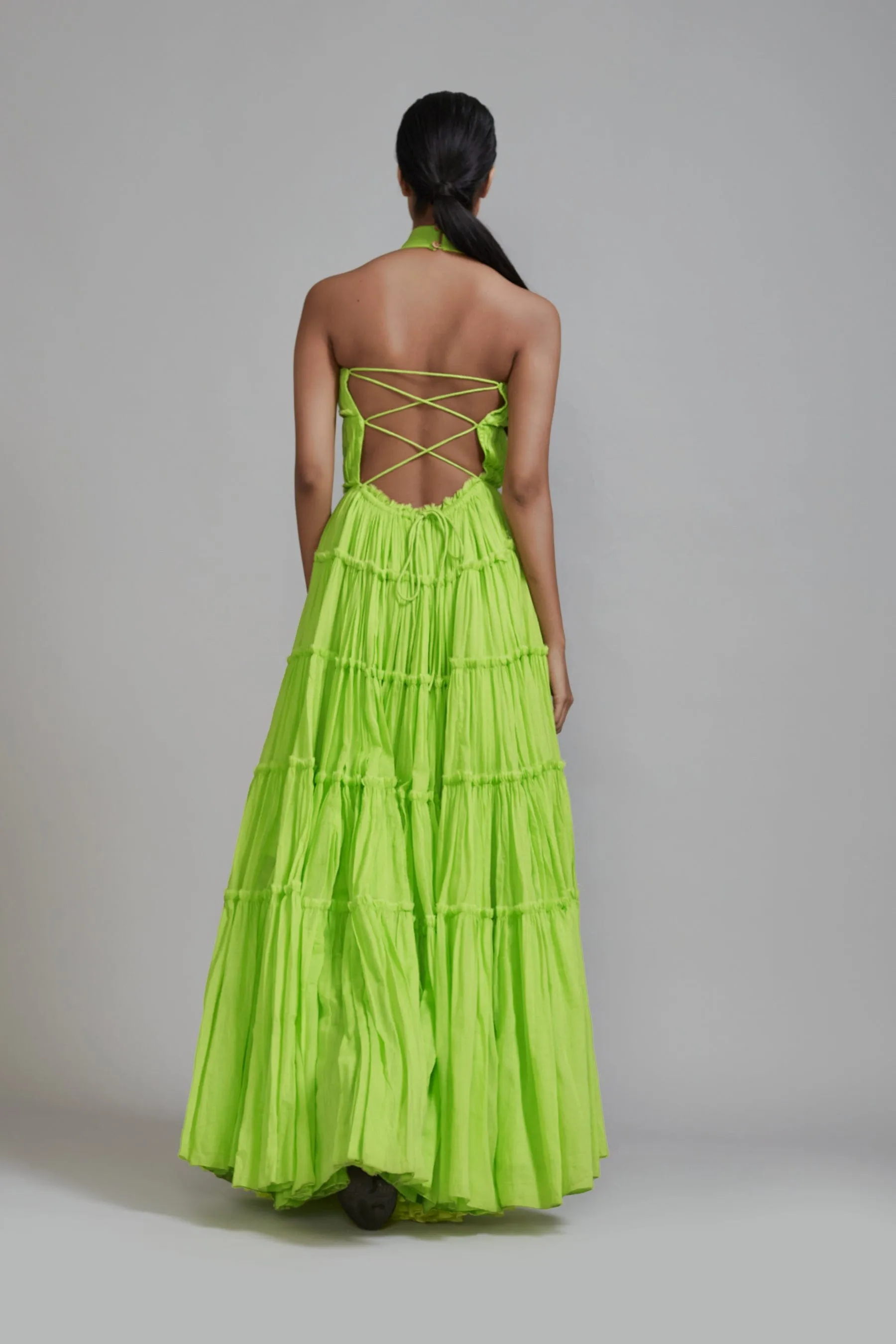 Neon Green Backless Tiered Gown