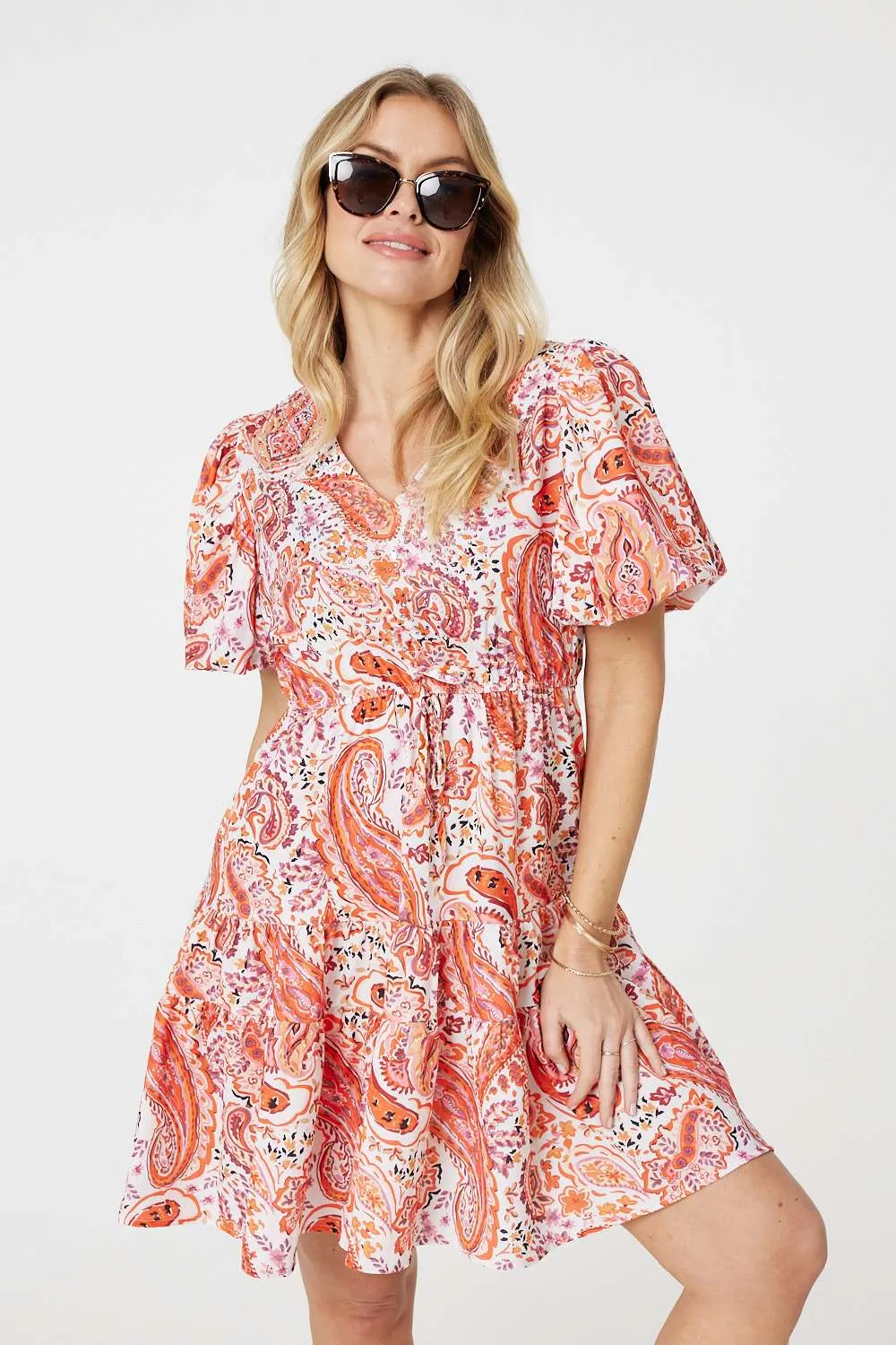 Paisley Short Puff Sleeve Mini Dress