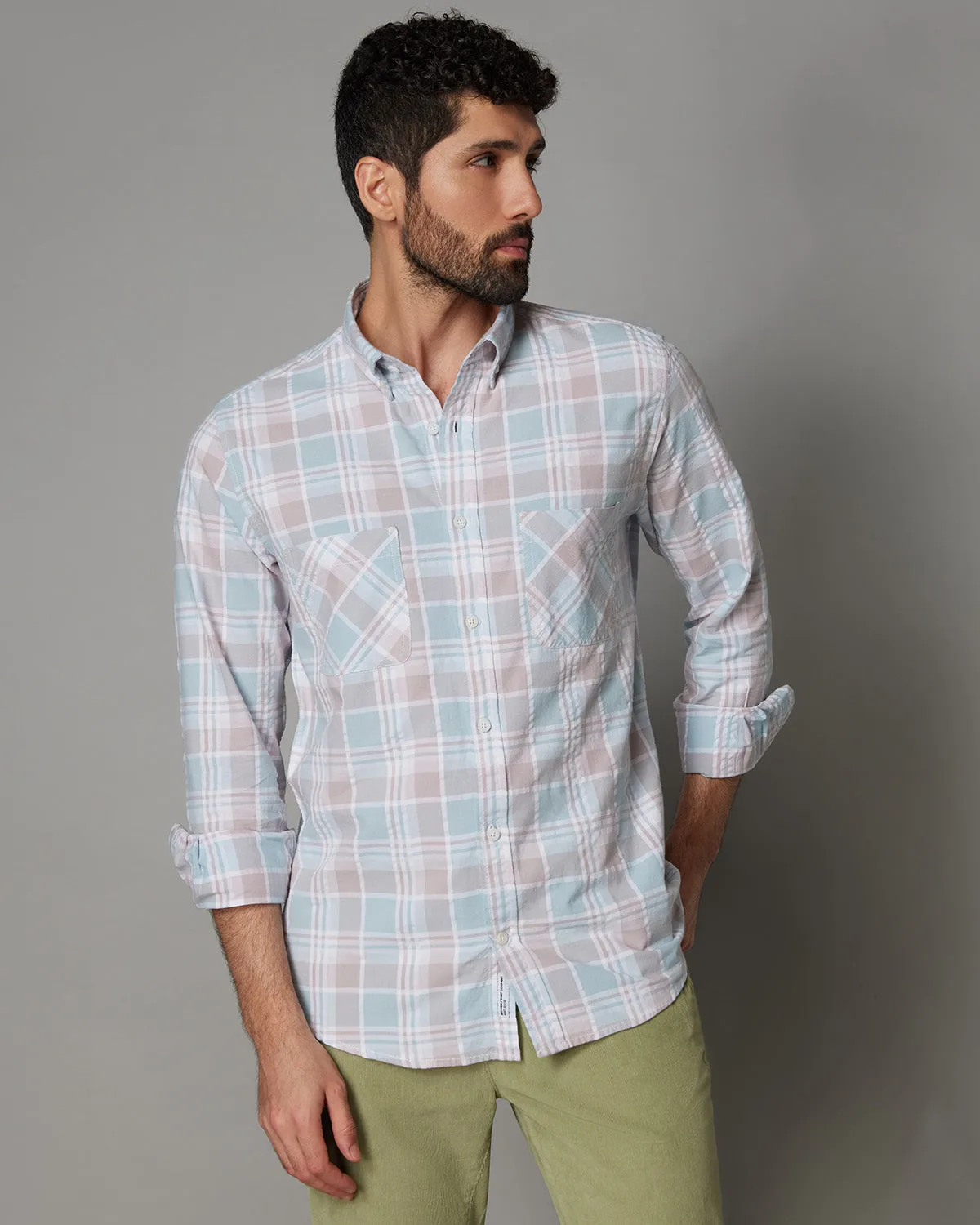 Pale Blue & Mauve Seersucker Checked Shirt