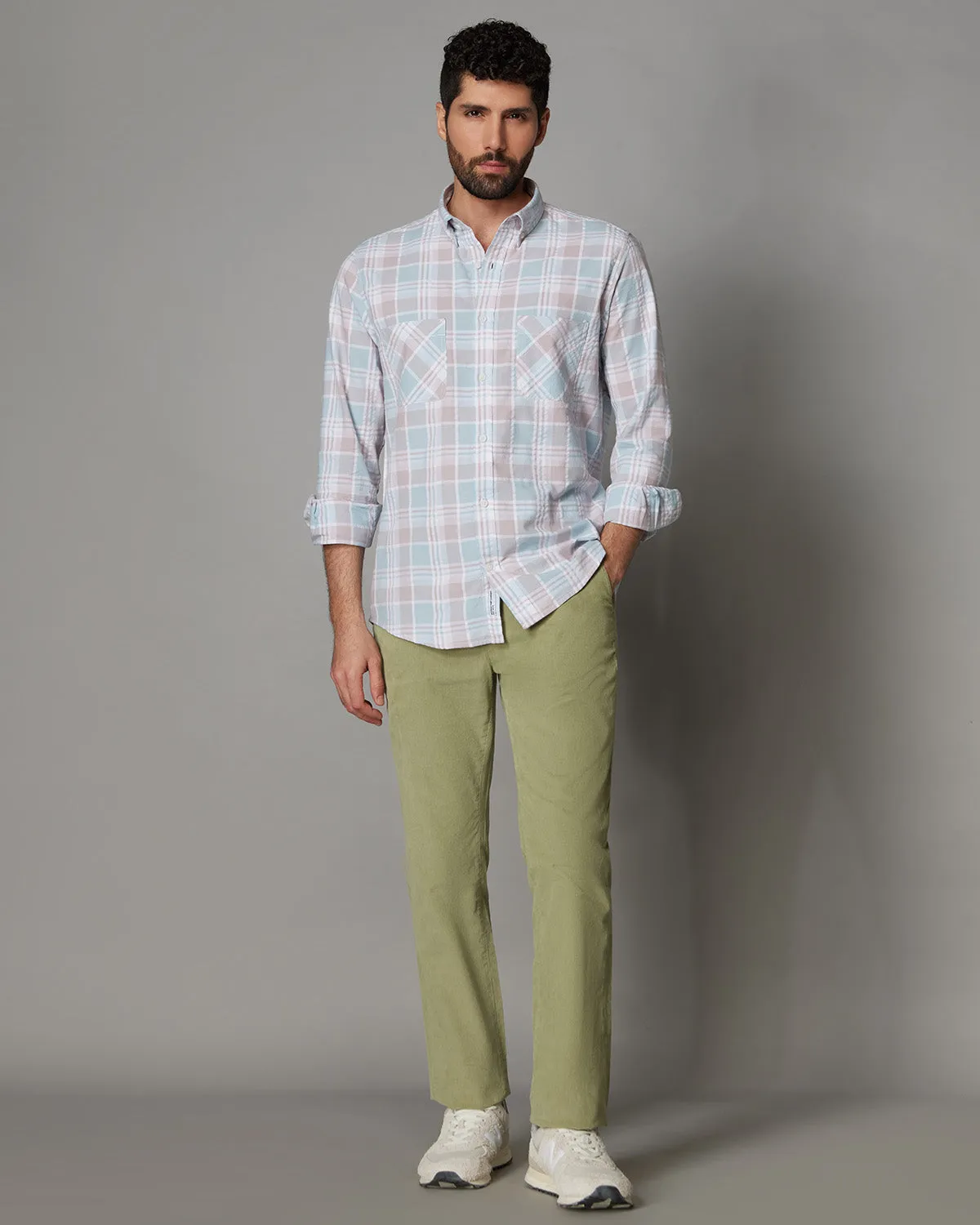 Pale Blue & Mauve Seersucker Checked Shirt