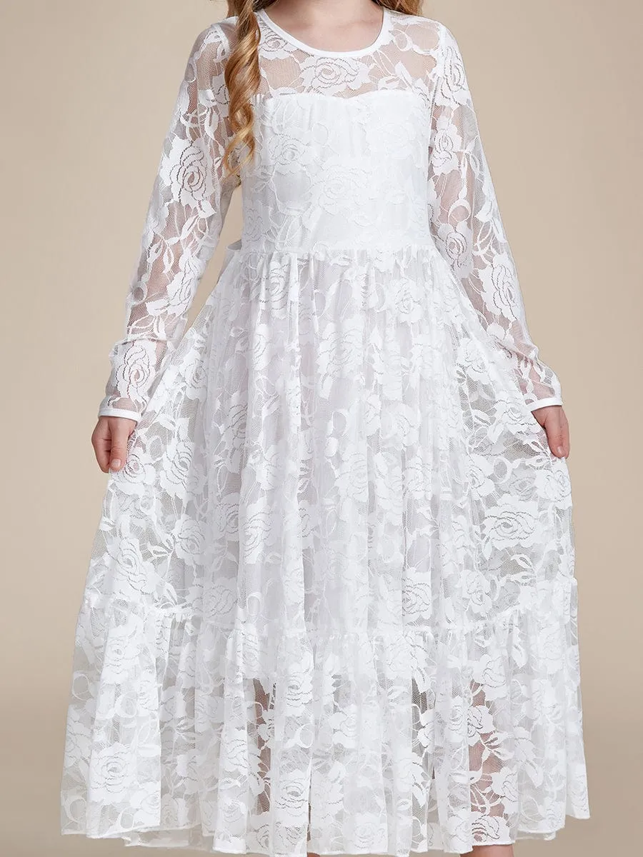 Pure Lace Long-Sleeve Round Neckline Flower Girl Dress