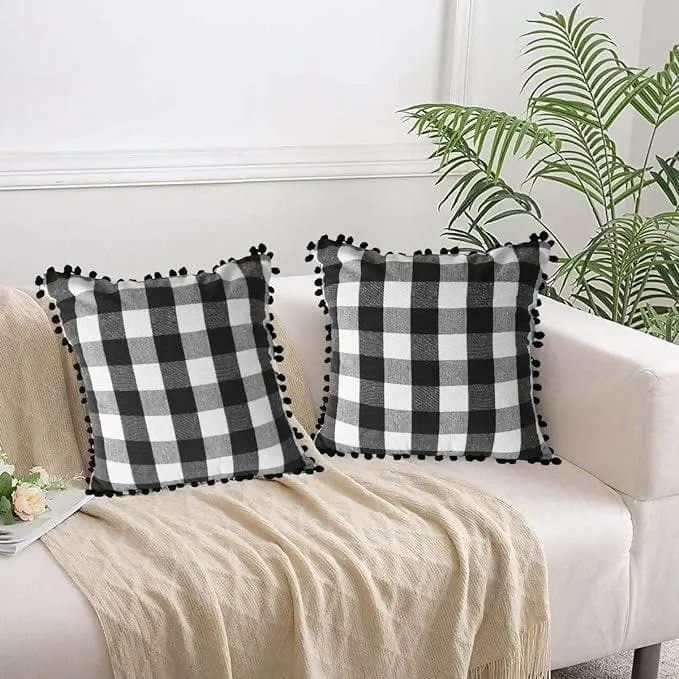 "Lushomes Pom Pom Cushion Covers - Multi-Color Big Checks (Set of 2, 24x24 Inch)