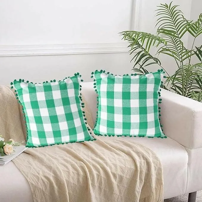 "Lushomes Pom Pom Cushion Covers - Multi-Color Big Checks (Set of 2, 24x24 Inch)