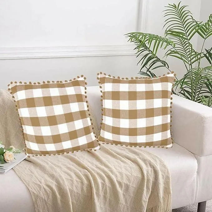 "Lushomes Pom Pom Cushion Covers - Multi-Color Big Checks (Set of 2, 24x24 Inch)