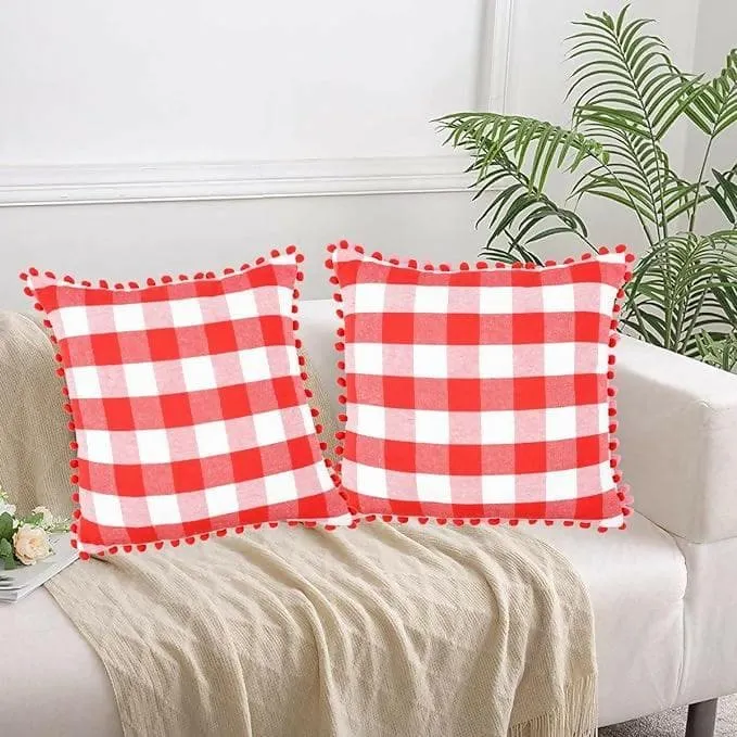 "Lushomes Pom Pom Cushion Covers - Multi-Color Big Checks (Set of 2, 24x24 Inch)