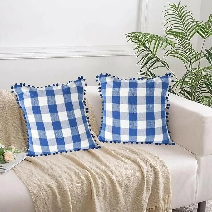 "Lushomes Pom Pom Cushion Covers - Multi-Color Big Checks (Set of 2, 24x24 Inch)