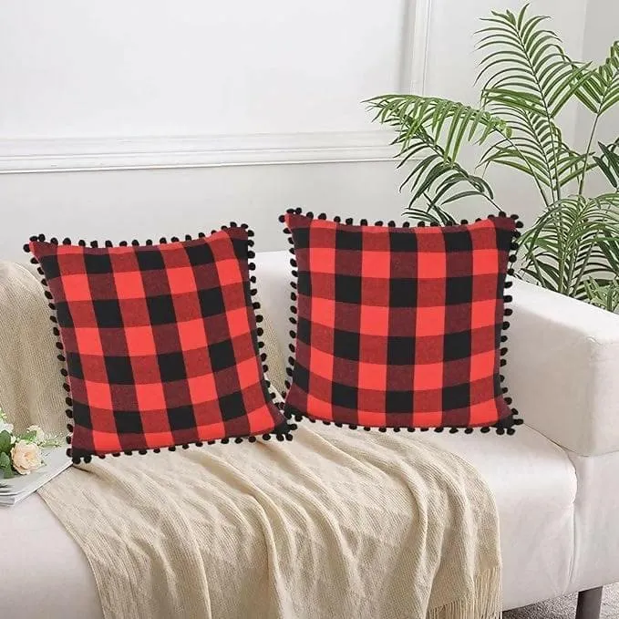 "Lushomes Pom Pom Cushion Covers - Multi-Color Big Checks (Set of 2, 24x24 Inch)