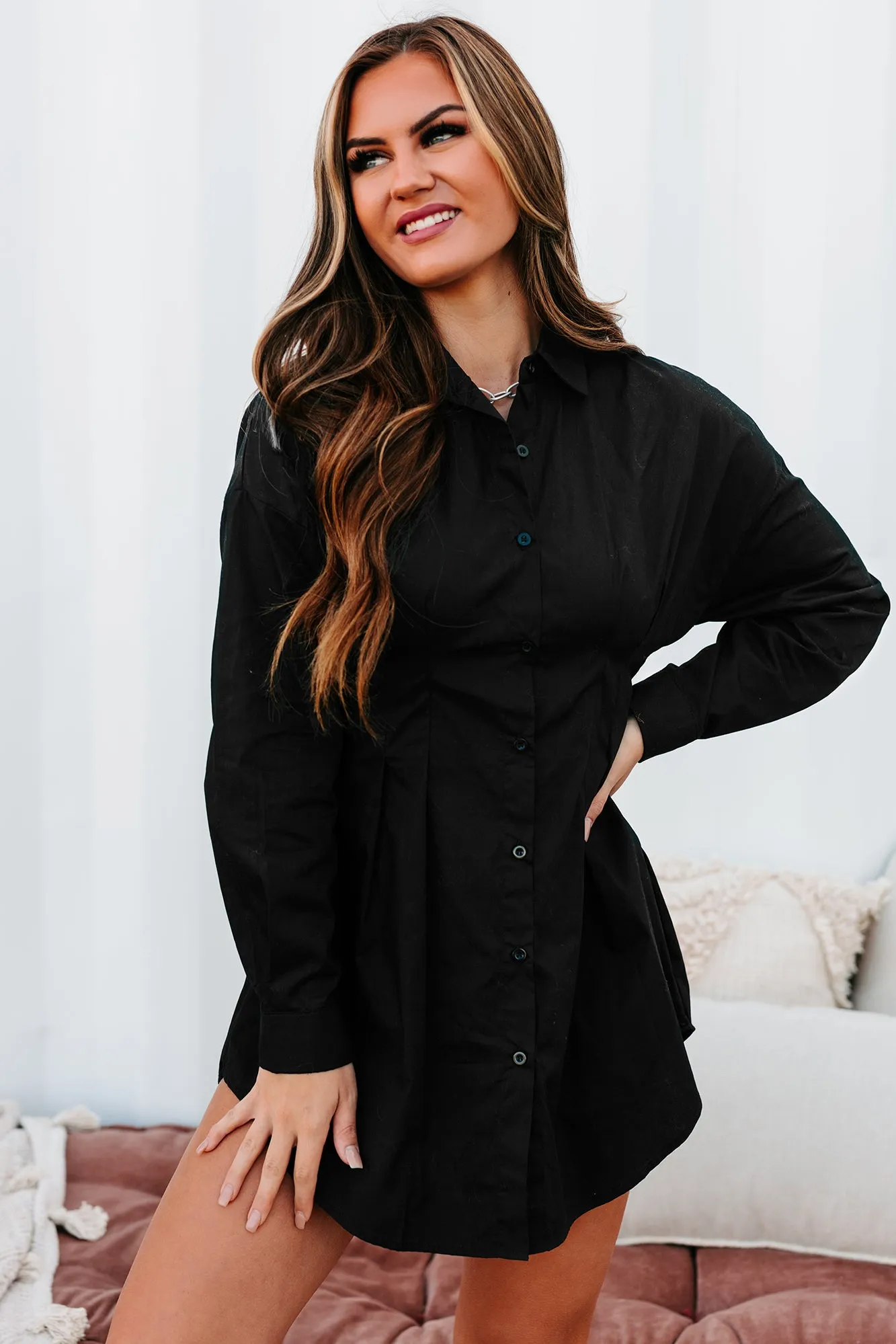 "Profresh" Pleated Long Sleeve Shirt Dress (Black)