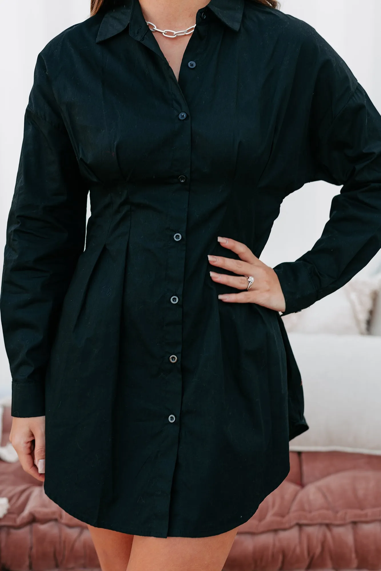 "Profresh" Pleated Long Sleeve Shirt Dress (Black)