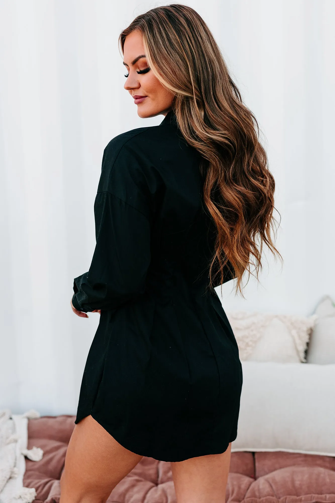 "Profresh" Pleated Long Sleeve Shirt Dress (Black)