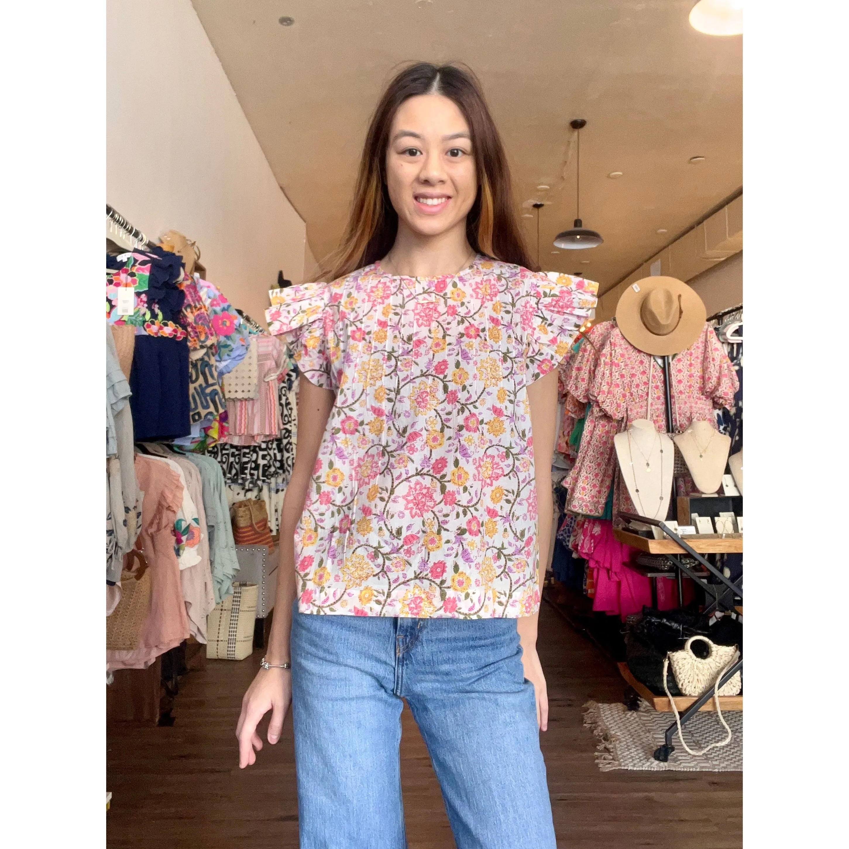 Rainey Floral Flutter Sleeve THML Top-SALE