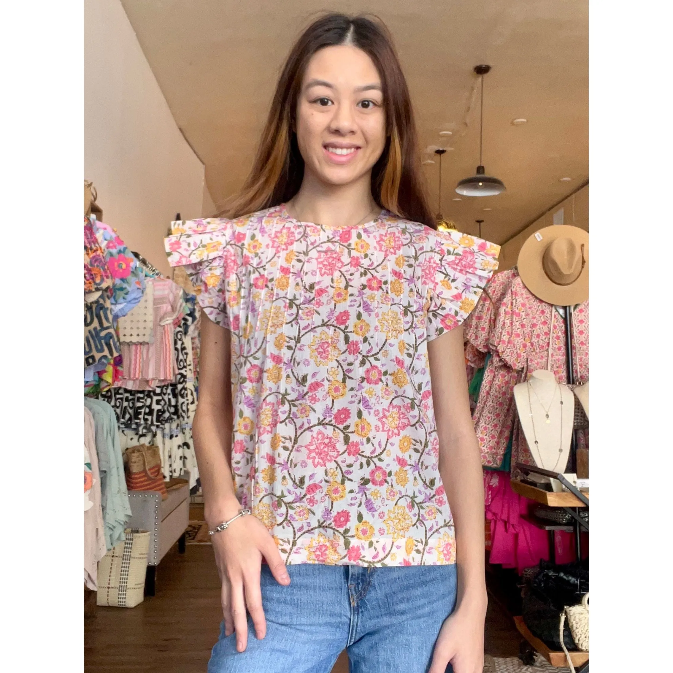 Rainey Floral Flutter Sleeve THML Top-SALE