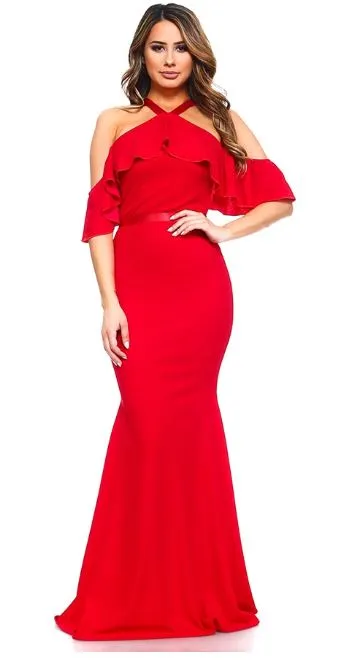 Red Halter Ruffled Maxi Dress