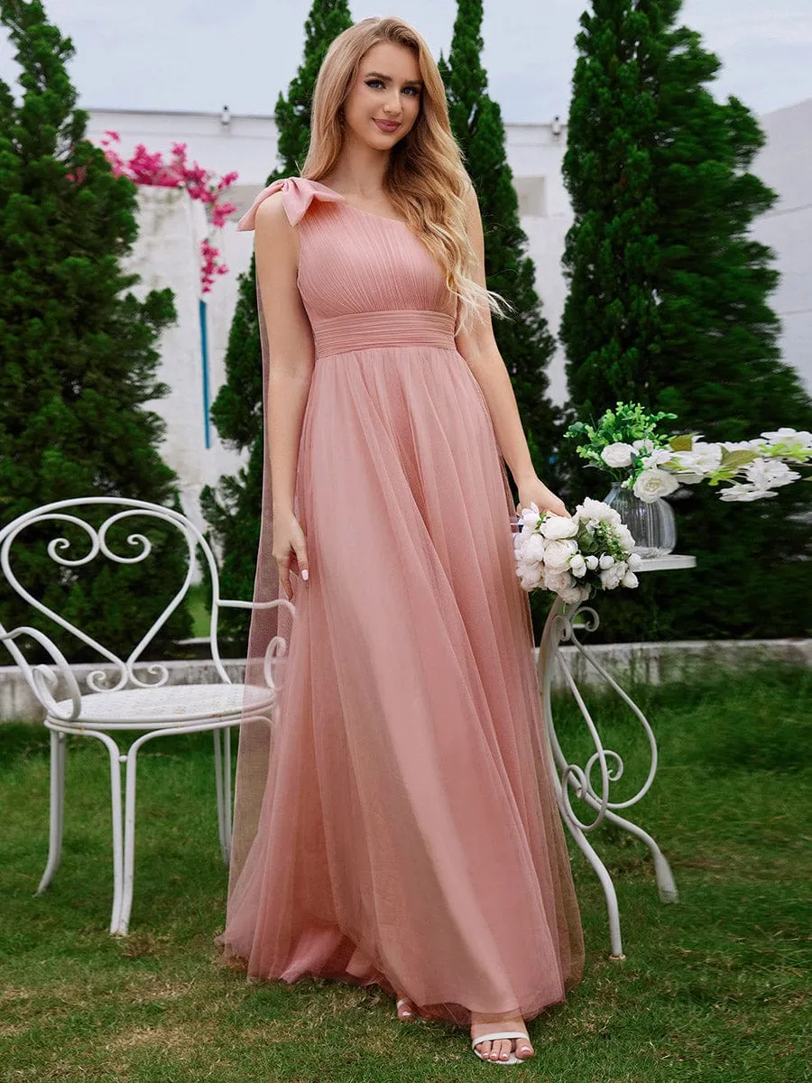 Romantic One Shoulder Bowknot Streamer Tulle A-Line Bridesmaid Dress