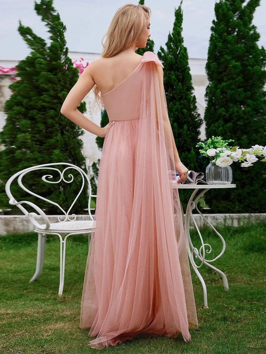 Romantic One Shoulder Bowknot Streamer Tulle A-Line Bridesmaid Dress