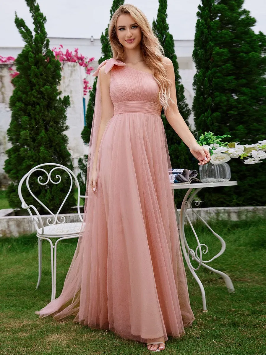 Romantic One Shoulder Bowknot Streamer Tulle A-Line Bridesmaid Dress