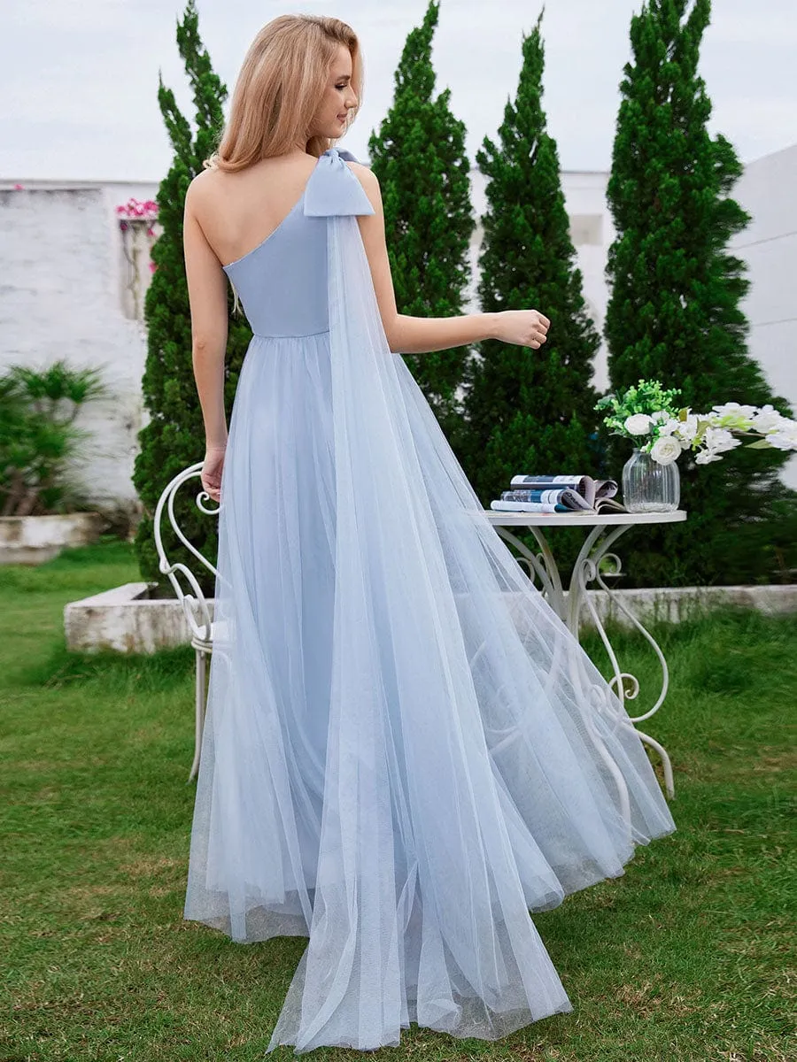 Romantic One Shoulder Bowknot Streamer Tulle A-Line Bridesmaid Dress