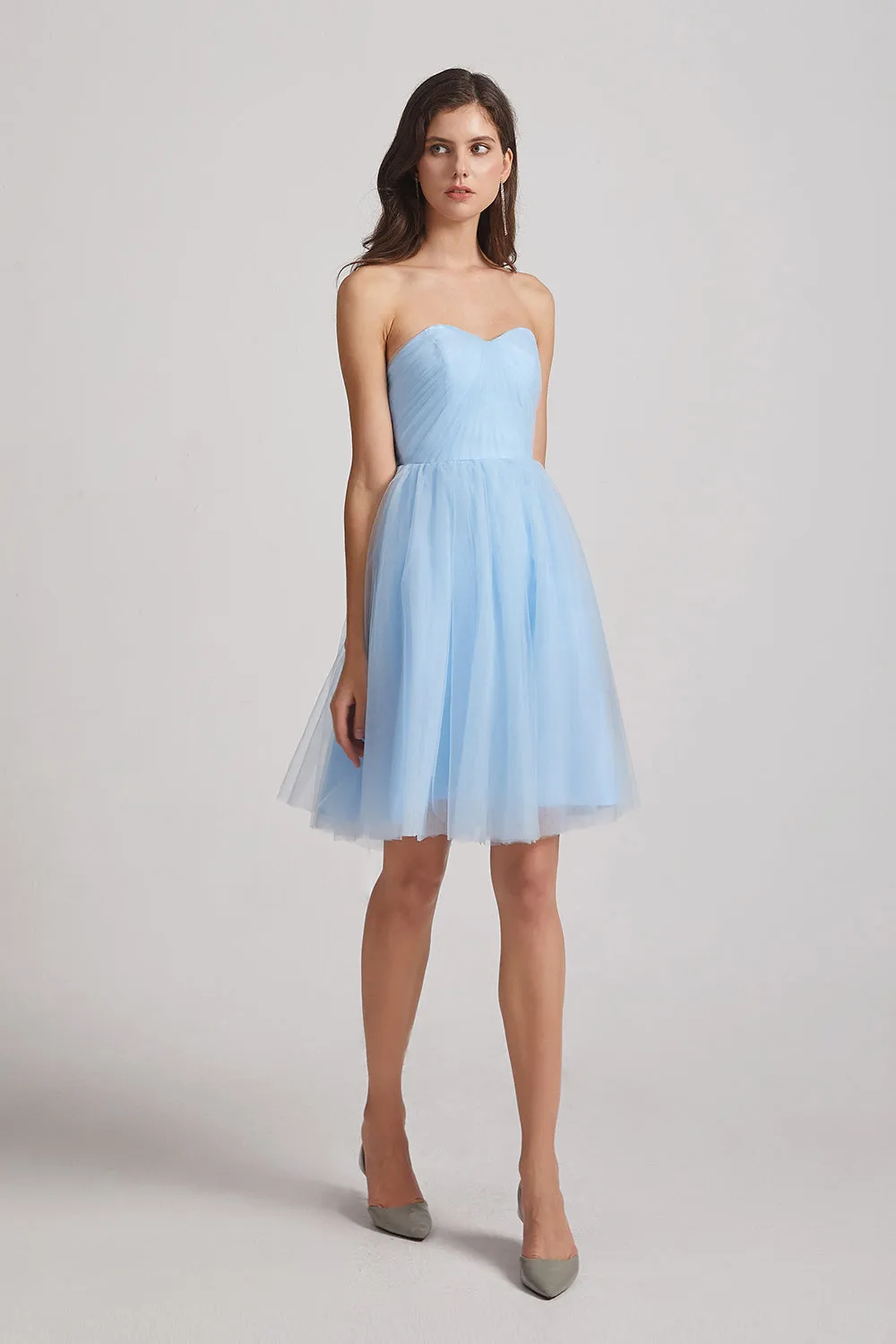 Strapless Sweetheart Blue Short Tulle Bridesmaid Dresses (AF0040)