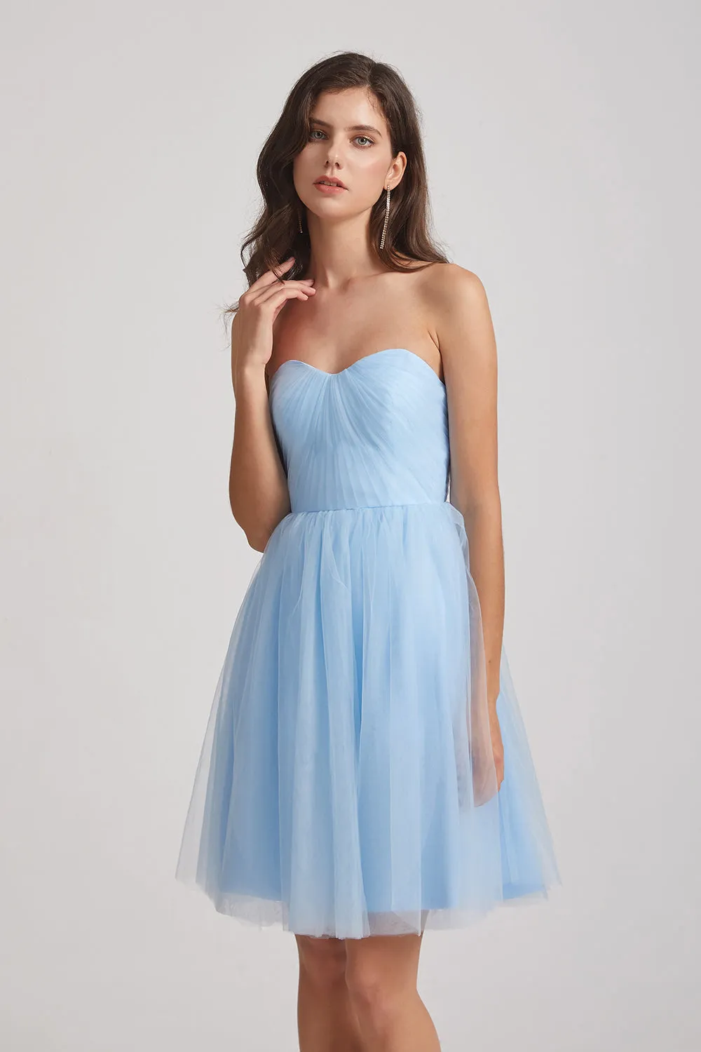 Strapless Sweetheart Blue Short Tulle Bridesmaid Dresses (AF0040)