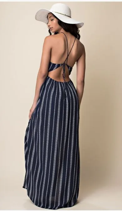 Striped Halter Split Leg Maxi Dress