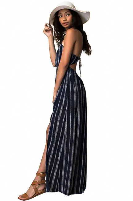 Striped Halter Split Leg Maxi Dress