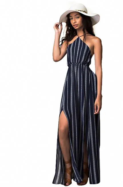 Striped Halter Split Leg Maxi Dress