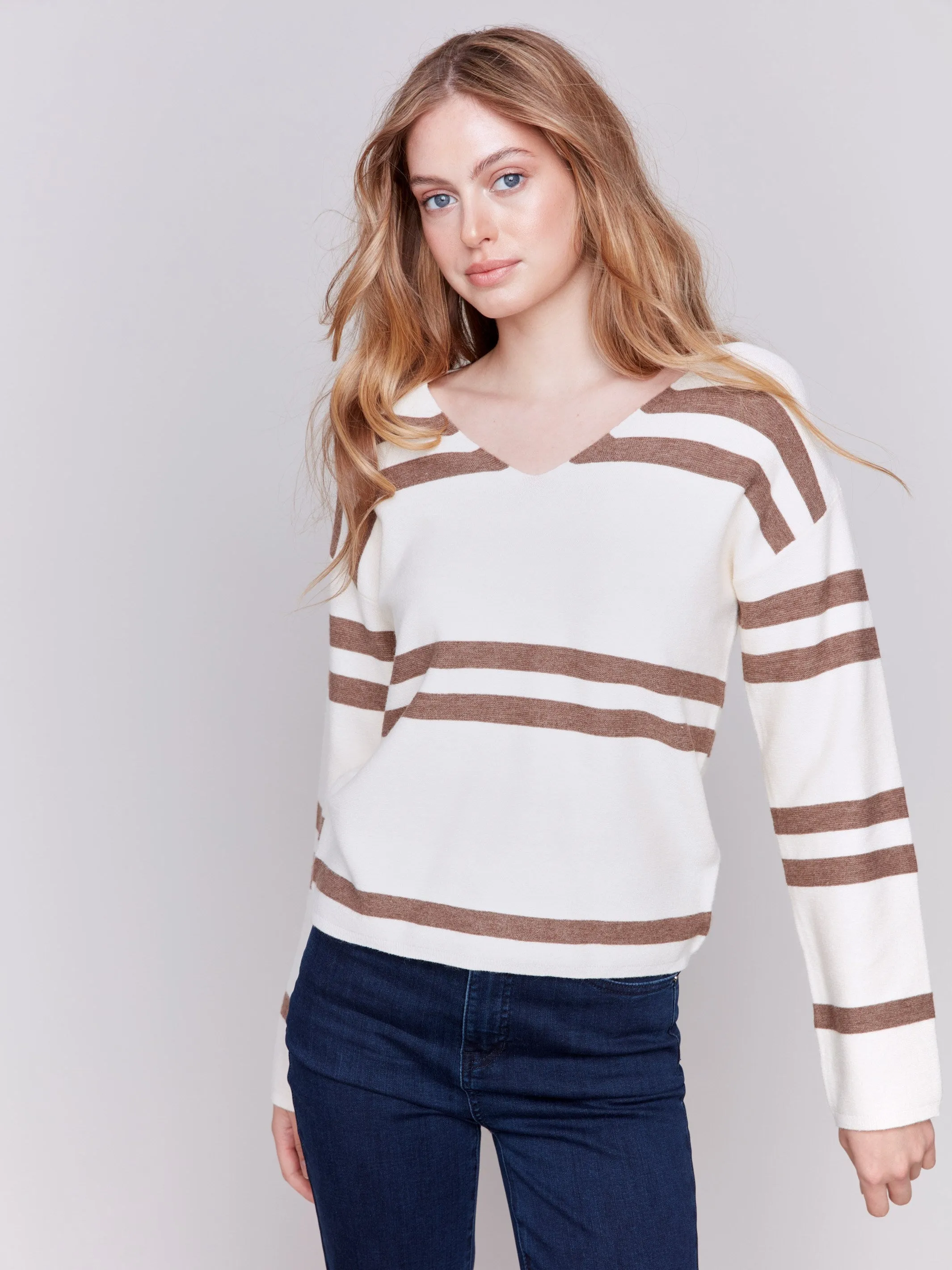 Striped Sweater with V-Neck - Ecru