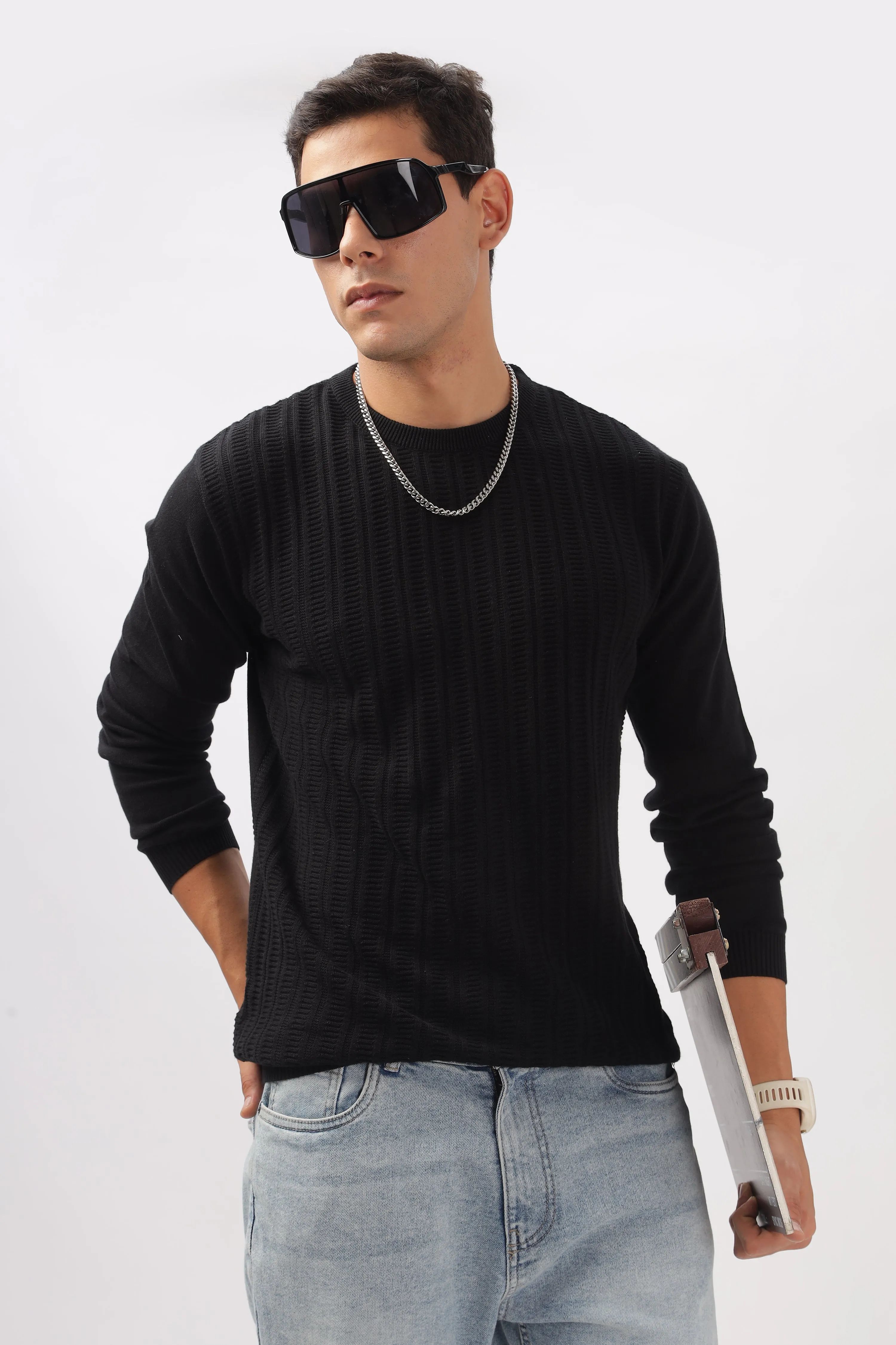 Stripes Knitted Black Full-Sleeve T-Shirt