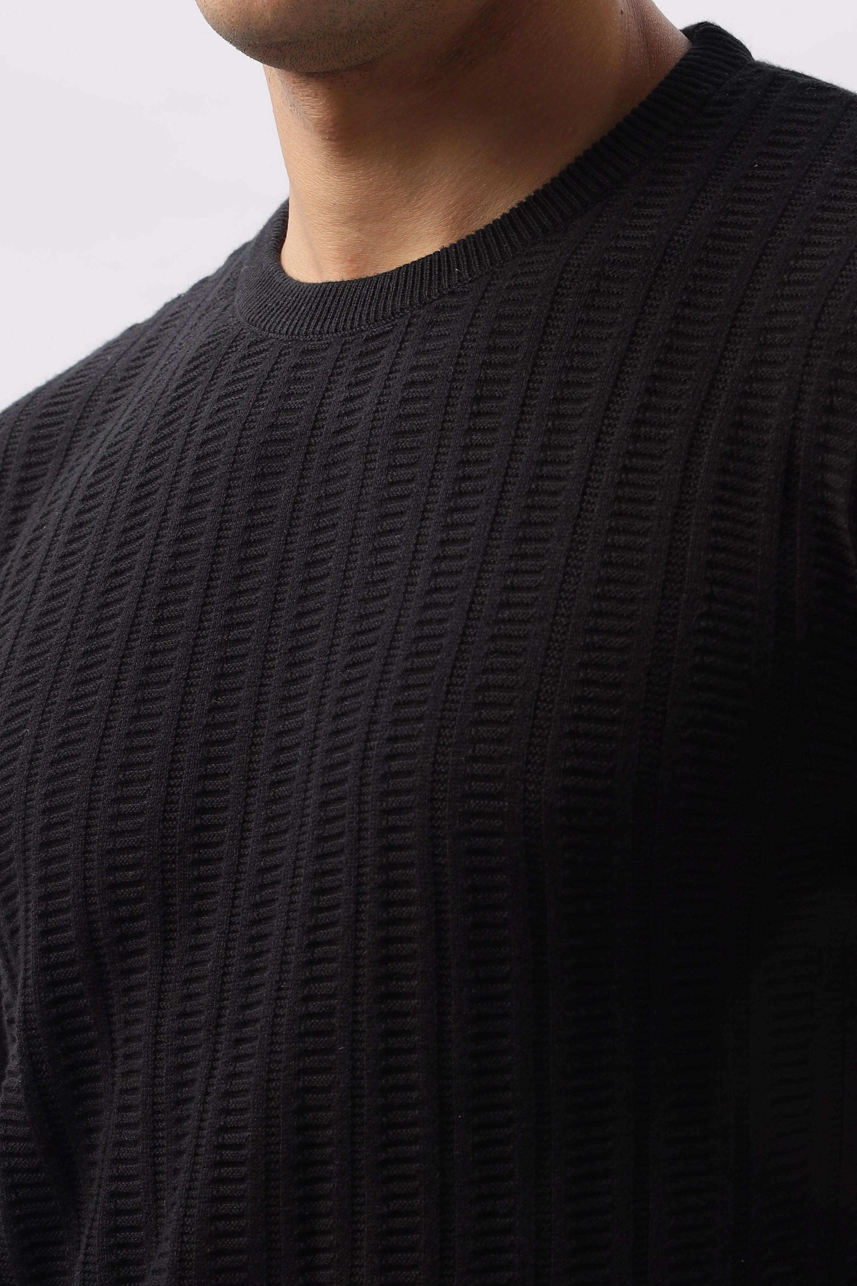 Stripes Knitted Black Full-Sleeve T-Shirt