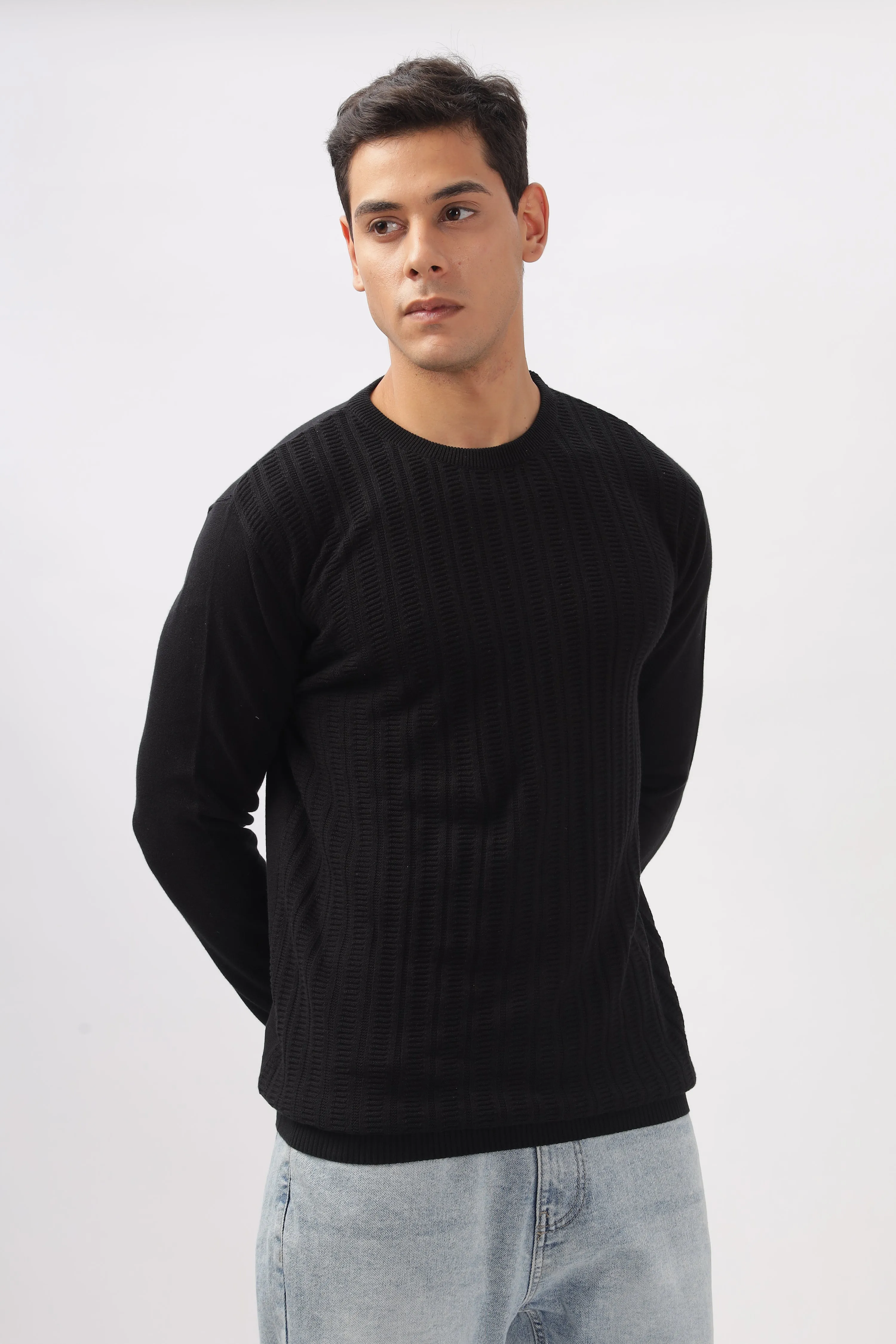 Stripes Knitted Black Full-Sleeve T-Shirt