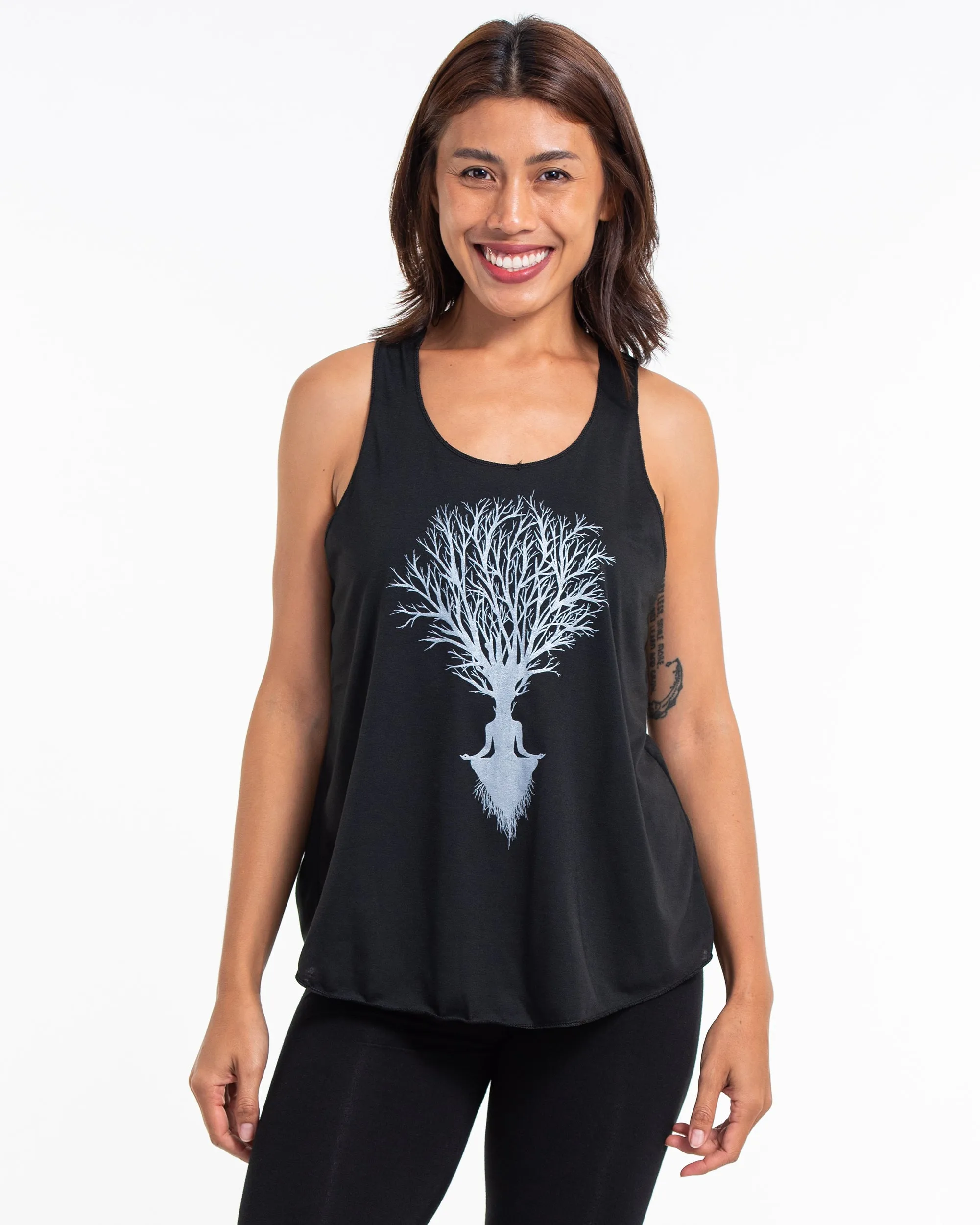 Super Soft Cotton Womens Meditation Tree Tank Top in Black