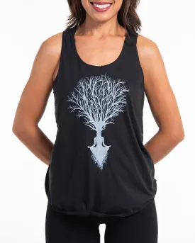 Super Soft Cotton Womens Meditation Tree Tank Top in Black