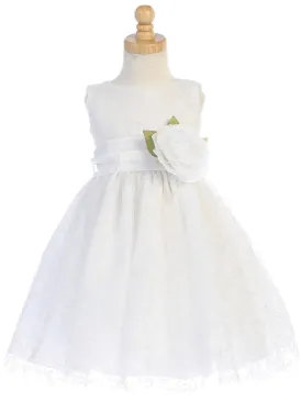 White Glitter Tulle Flower Girl Dress w/ Rose Sash & Flower (7-90P)