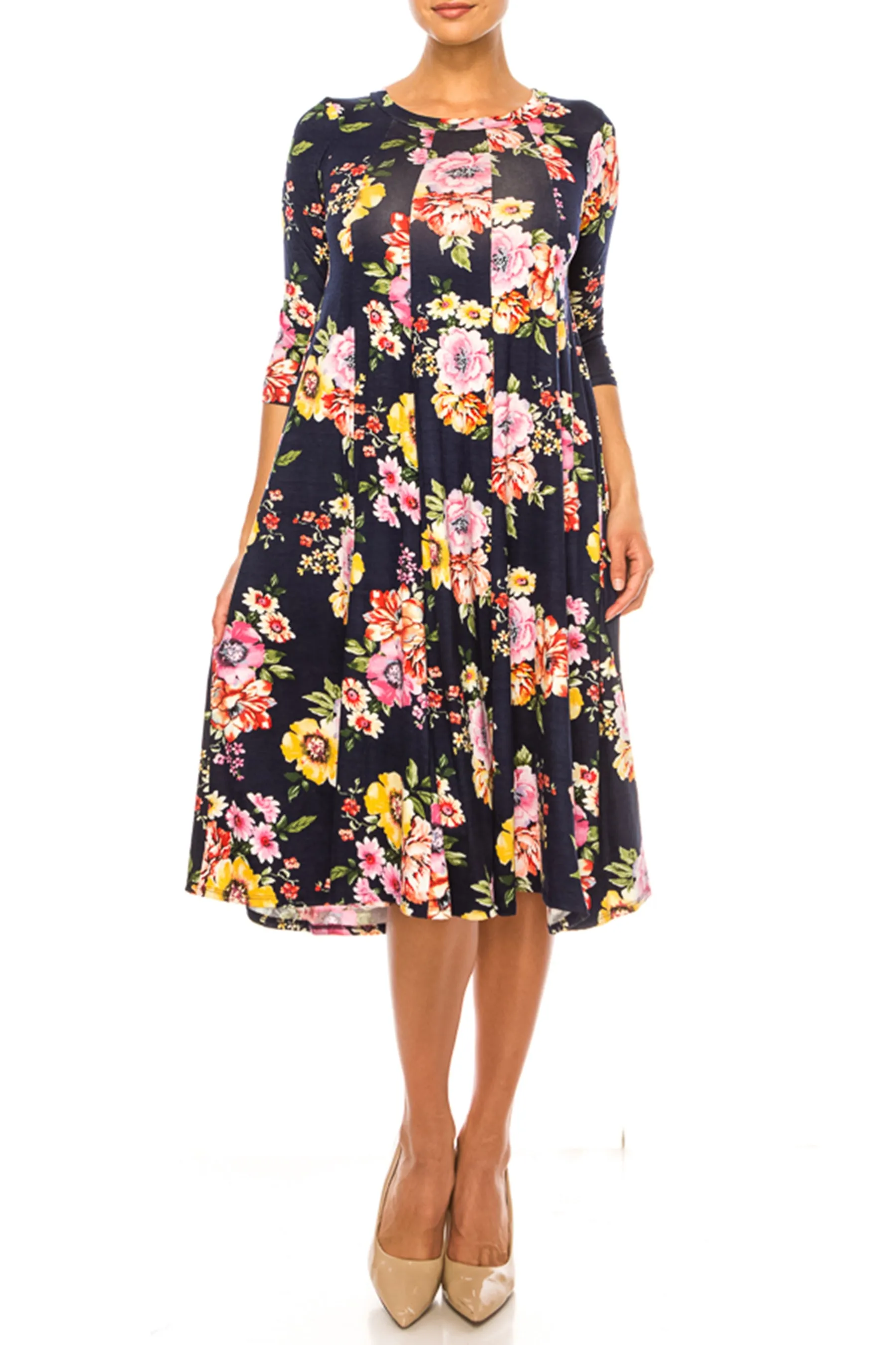 Women's Floral Essence Paneled A-Line Midi Dress