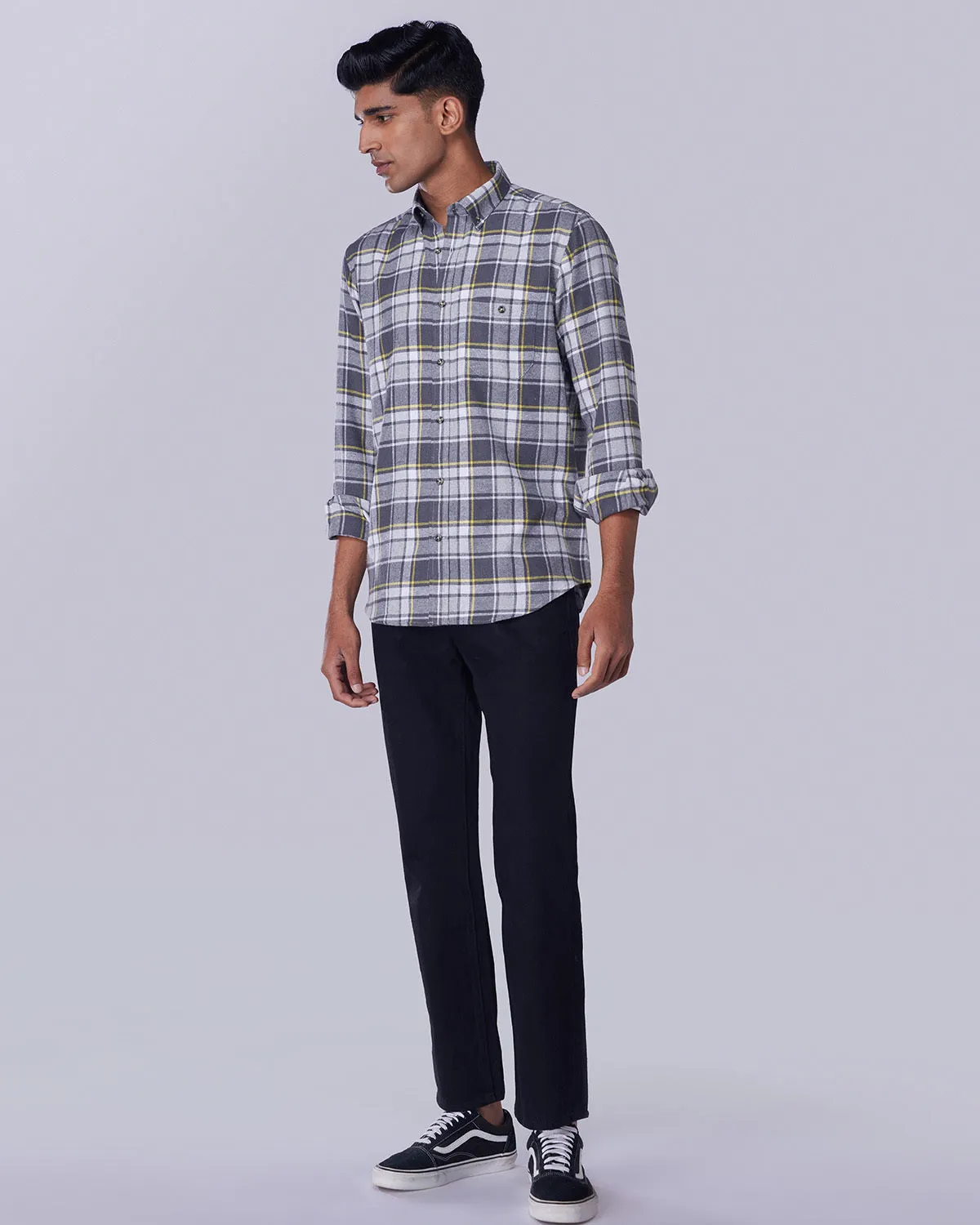 Yellow & Grey Brushed Twill Checked Shirt